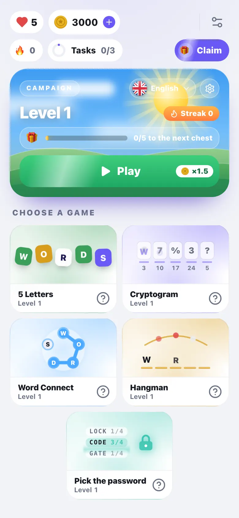 Worvli home screen with the campaign and five word games